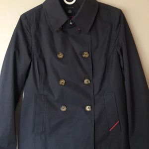 Navy rain jacket.